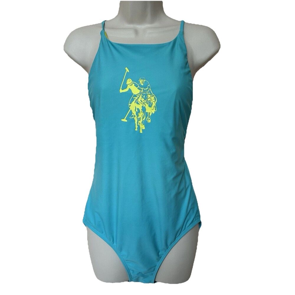 Polo Ralph Lauren One-Piece Swimsuit Womens Lg Lined Blue Neon Green Logo Preppy